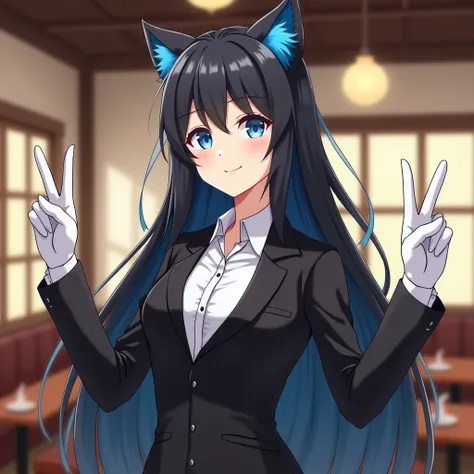  Woman with long black hair with partially 5 % blue fur.  anime style, contrast of the drawing that is greater than average and that there are shadows. Woman in mens suit . suit of clothes. elegant.  Hands with white gloves .  Background in a restaurant in...