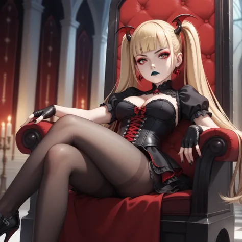 1girl, red devil horns, cleavage, crossing legs, legs crossed, eyeliner, black lipstick, serious, sitting on a throne, hair over eye, twintails, perfect red eyes, beautiful red eyes, black vampire dress, short dress, pantyhose, black gloves, fingerless glo...