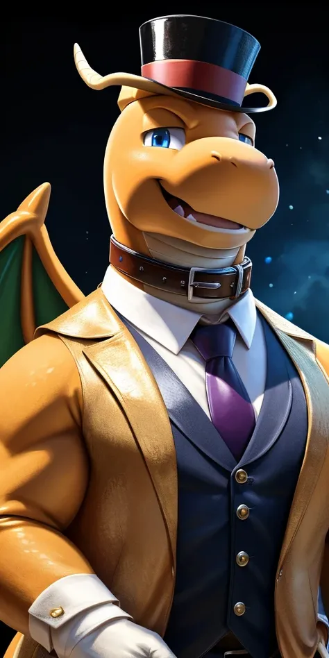 Solo, close up, Male, fat, extremely obese, gentleman, dapper Magician Dragonite, blue eyes, wearing a top hat, wearing a glossy leather collar, wearing the leather collar and necktie at the same time, (posing:1.3), (soft shading), 4k, hi res, ((detailed f...