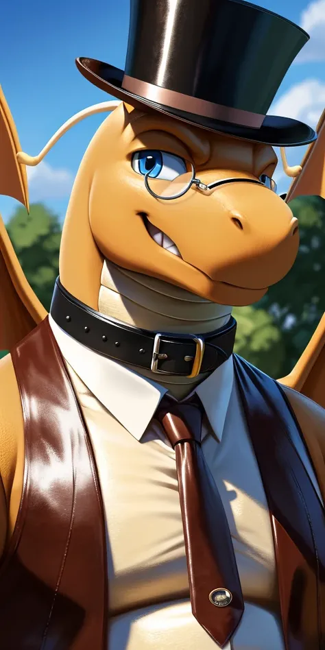 Solo, close up, Male, fat, extremely obese, gentleman, dapper Magician Dragonite, blue eyes, wearing a top hat, wearing a glossy leather collar, wearing the leather collar and necktie at the same time, (posing:1.3), (soft shading), 4k, hi res, ((detailed f...