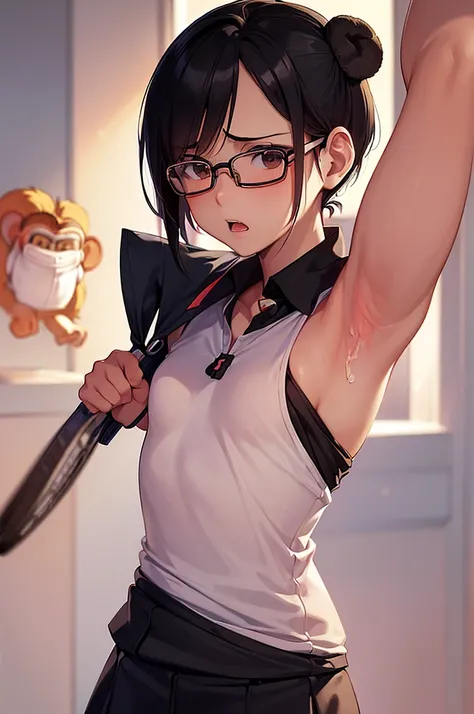 masterpiece, best quality,anime style, 1 girl,(looking back), ((((tennis uniform)))),(((slender body))), (((small breast))),(((((3 monkey grabbing the girl))))), ((((restrained, arms behind back)))),((((cum)))), (beautiful face), (((short hair,glasses))), ...