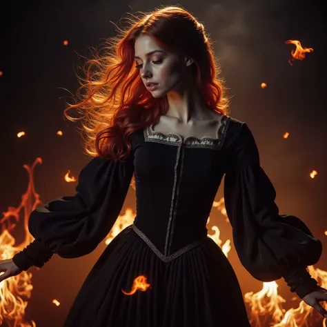 This 20-year-old young woman, with reddish-blonde hair, in a black dress from the 15th century. She is bound on a pale. She is surrounded by flames in the dark night; Realistic photo, high quality