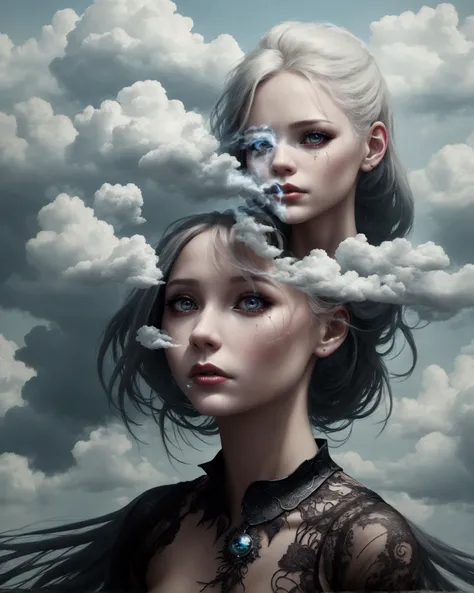 there is a woman with a cloud of smoke coming out of her face, surreal portrait, beautiful surreal portrait, surreal portrait photography, surreal photo, face made out of clouds, face in the clouds, surreal beautiful young woman, surreal photography, surre...