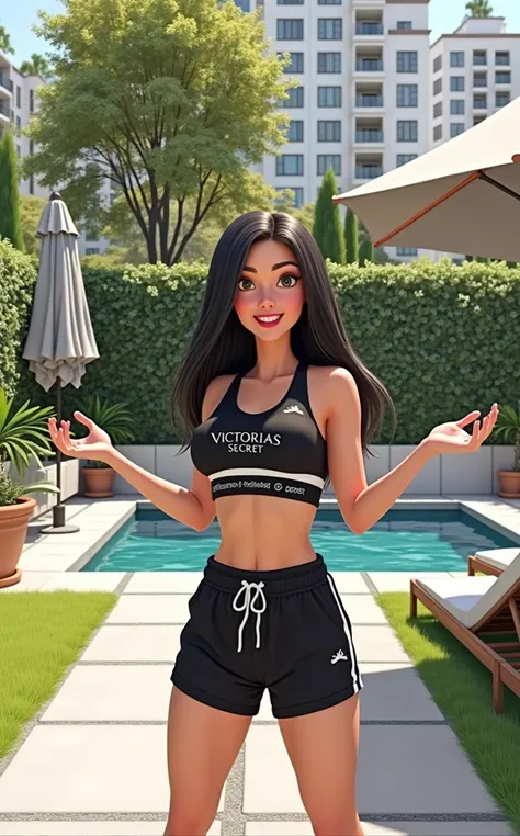 Woman 30 years, long straight black hair, wearing black sports bra with white Victoria’s Secret lower trim name with black sweat shorts and white low socks. At backyard with small square pool with green grass wall in the back and white modern low rise apar...