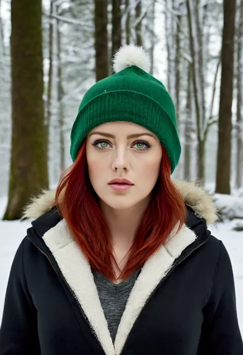 masterpiece, Red hair, green eyes, Amber Heard, pixie, Beanie, Hoody snow, woodland