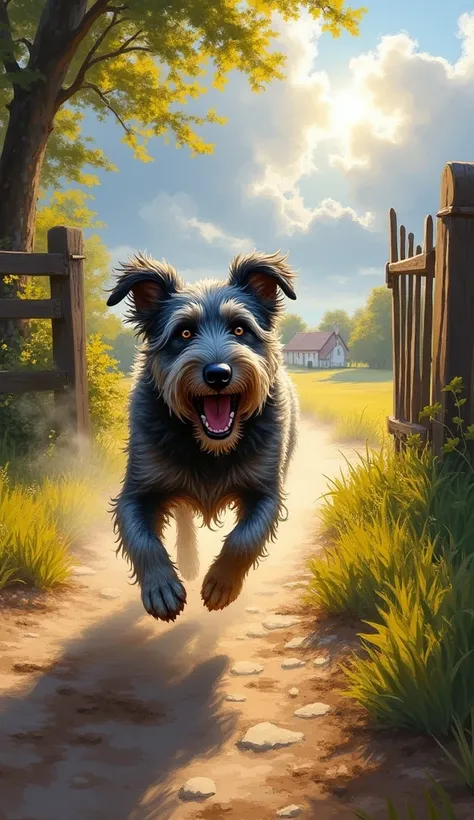 old grey dog running, vibrant impressionist colors, Claude Monet inspired, rural farm landscape, dynamic movement, blurred fur, raised dust, expressive joyful face, sunlight casting long shadows, rustic metal gate, trees with leaves in motion, cloudy sky w...