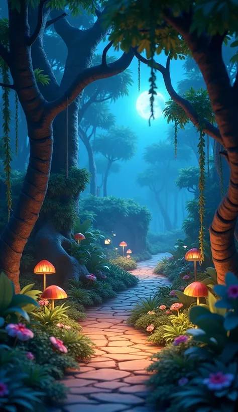 Jungle footpath in dark night 3d animated cartoon