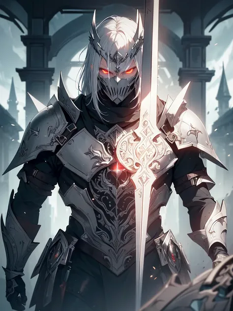 (((best quality, sharp image, clear image, cinematic lighting, 8k resolution, masterpiece, ultra detailed, intricate))) Male, 30 years, revenant, ghost, heavy armor, ((mace, shield)), cleric, red eyes, white hair