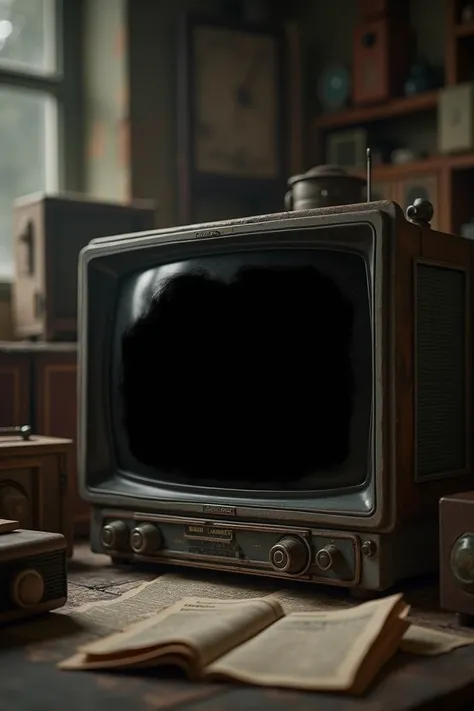 a vintage zoomed in television. The screen of the tv is black. Old radio and newspapers are kept around the television. 