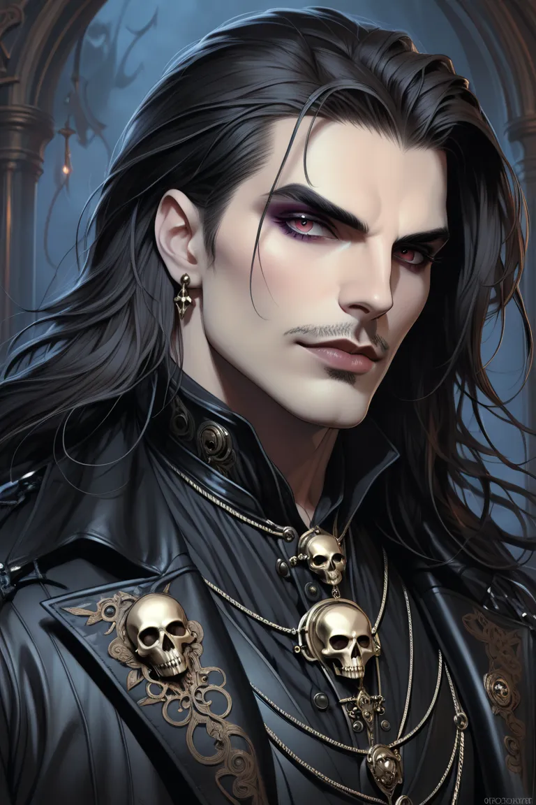 arafed man with long hair wearing a leather jacket and a skull, steampunk male portrait, darius zawadzki and tom bagshaw, fantas...