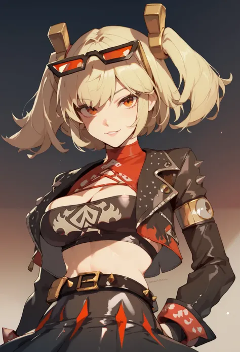 Character:

Burnice_ZZZ, blonde hair, orange eyes, two side up, short twintails, hair ornament, eyewear on head, sunglasses, goggles,

Default Outfit:

crop top, tube top, black jacket, black thighhighs, cropped jacket, red shirt, cleavage cutout, long sle...