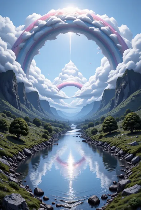 fantasy art, comic art, there is a magical rainbow  white clouds, into a placid lake, tranquil lake, the rainbow and the clouds are reflected in the lake, National Geography photoshoot,  high details, best quality, 16k, [ultra detailed], masterpiece, best ...