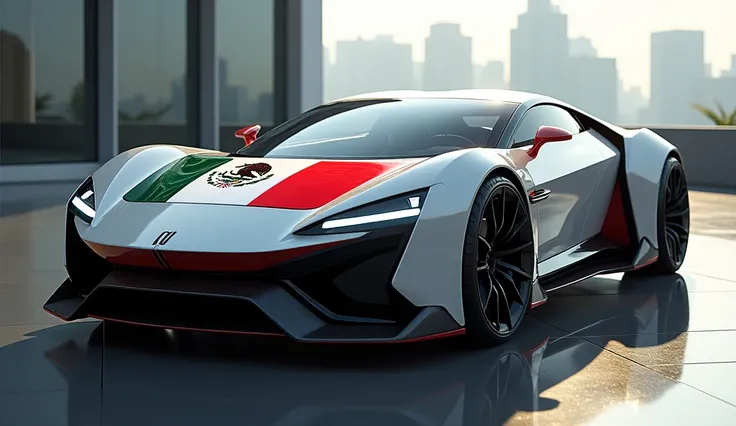 a luxurious and electric Mexican car ,  that looks very realistic and that has a flag in front