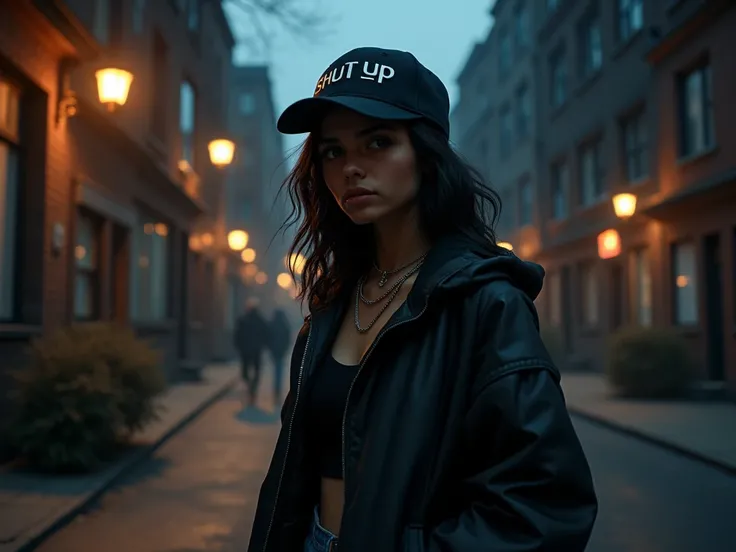 UNE FILLE STYLE RAP AVEC UNE CASQUETTE SUR LA QUELLE ÉCRIT français "SHUT UP " BEHIND A DARK STREET 