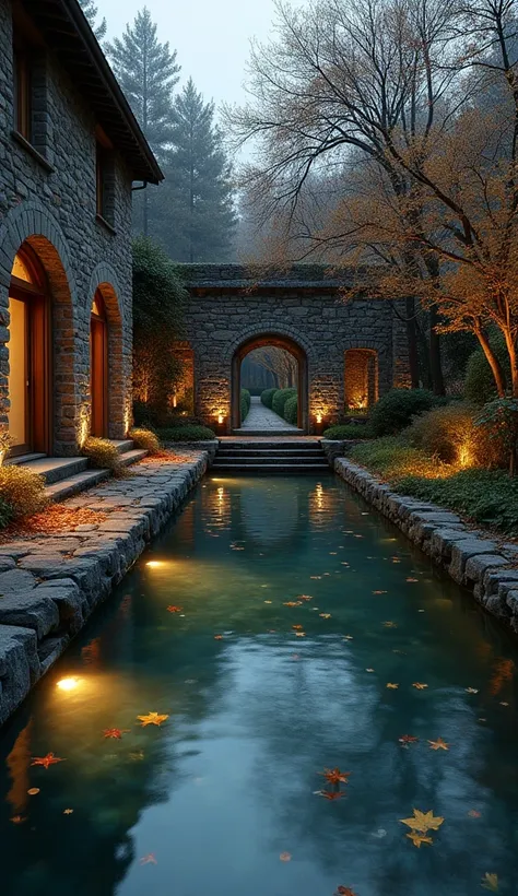 An abandoned pool made of rustic stones with clear waters and some autumn leaves in the water ,  in a beautiful and spacious garden at night and with beautiful lighting 
Around there is a ruin 
realist