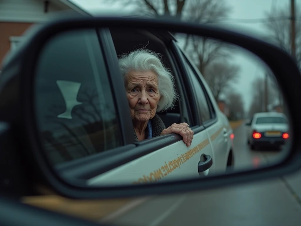 Camera focuses through the mirror on the side of the taxi at the sad white-haired grandmother who stays at the door of her house as she drives away