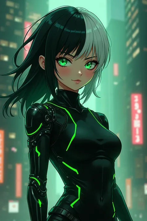 My hero academia anime art style, girl, long half black and half white hair, emerald green eyes, cyberpunk, black and green outfit, hacker, prosthetic left arm