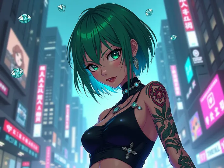 A tatsumaki wallpaper with diamond rings and diamond teeth with tattoos and a cyberpunk background 