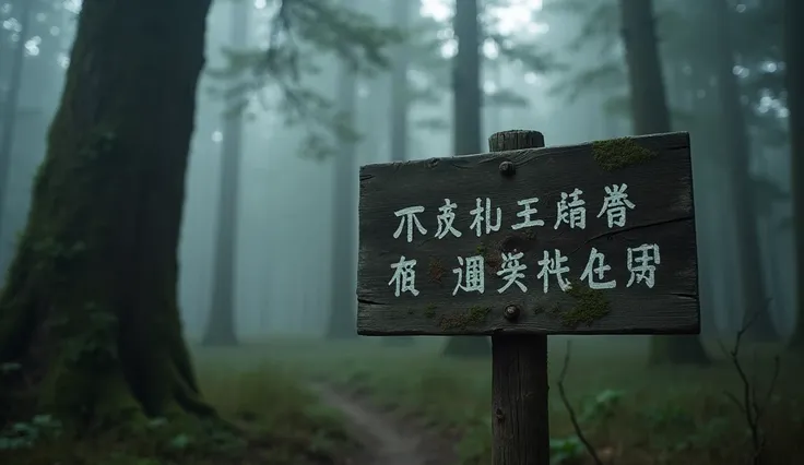  A rustic sign nailed to the forest floor ,  with Japanese text that reads  " Your Life is a Precious Gift ". The environment is dark,  with tall trees and fog covering the ground . Close up of the sign ,  showing the details of the message and the wear an...