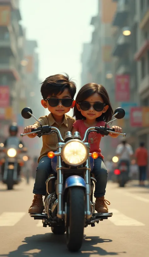 Indian small boy & small girl ( under s) riding together bullet bike wearing black sunglasses
