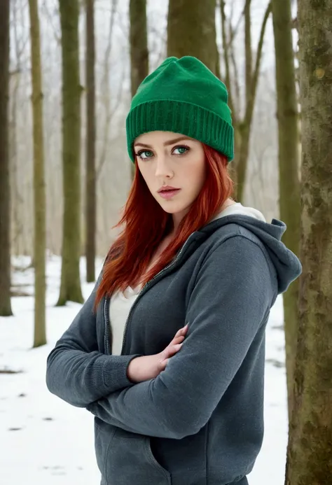 masterpiece, Red hair, green eyes, Amber Heard, pixie, Beanie, Hoody snow, woodland