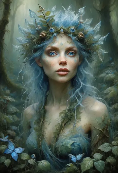 A forest nymph made from dense fog, surrounded by mist and lush vegetation. Large thick lips. Huge Crystal blue eyes. In the style of Brian Froud
