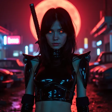 ( extremely detailed ,  masterpiece ,  best quality ),  bright lighting , jeune femme cheveux noirs intenses, yeux rouges brillants ; a cyberpunk exoskeleton. neon lights, ((dark black background :1.4)), with a blood red moon , double katana dans le dos,  ...