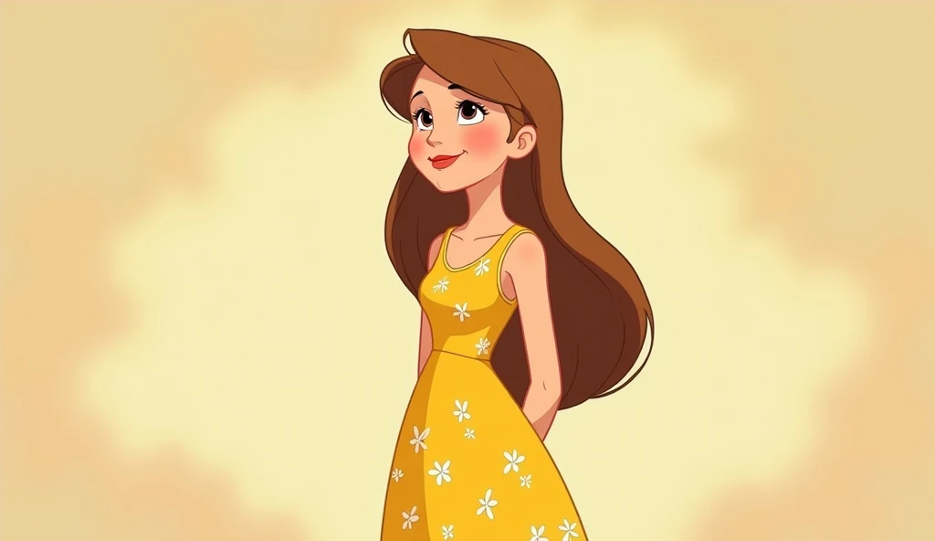 "A 1970s-style character with simple features and pastel colors. A young woman with long, straight, light brown hair, wearing a yellow dress with white floral details. She is standing with her hands behind her back and a shy smile on her face, looking forw...