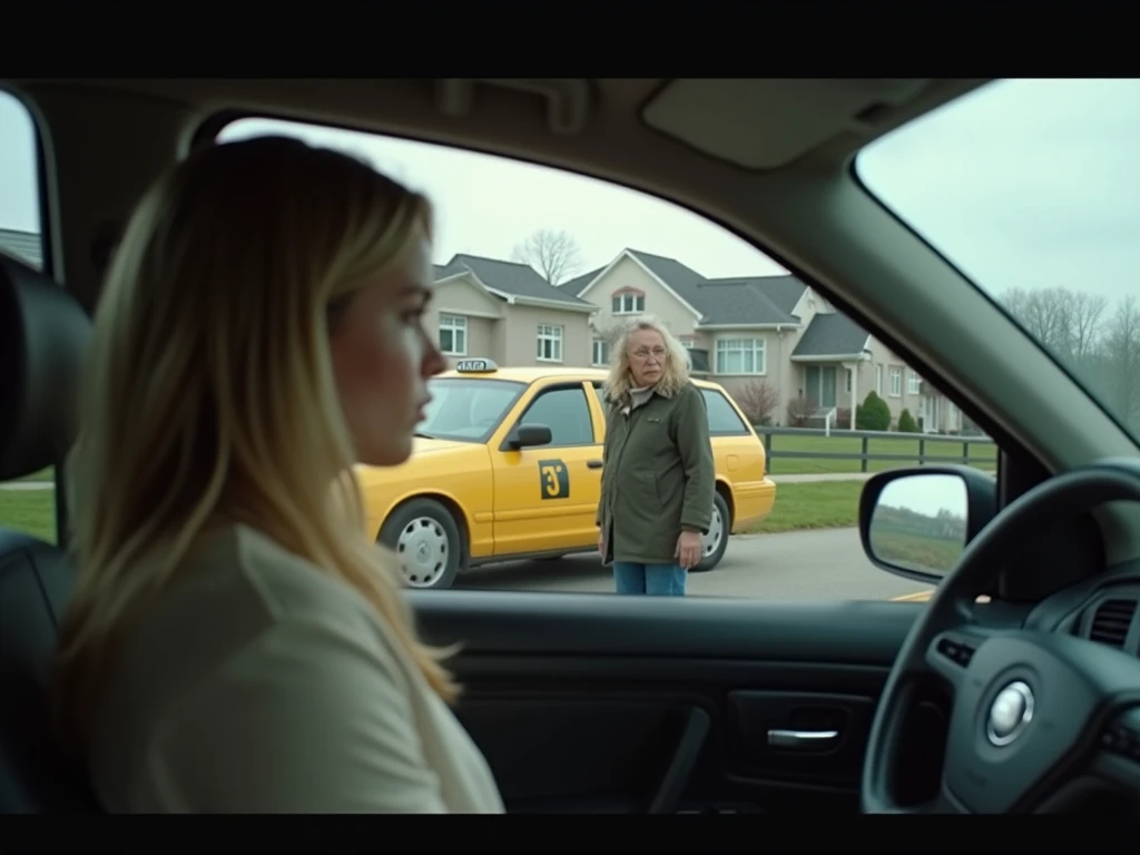 subjective plane where through the mirror on the side of the taxi where the 25-year-old girl sits and focuses on the sad white-haired grandmother who stays at the door of her house while the taxi drives away