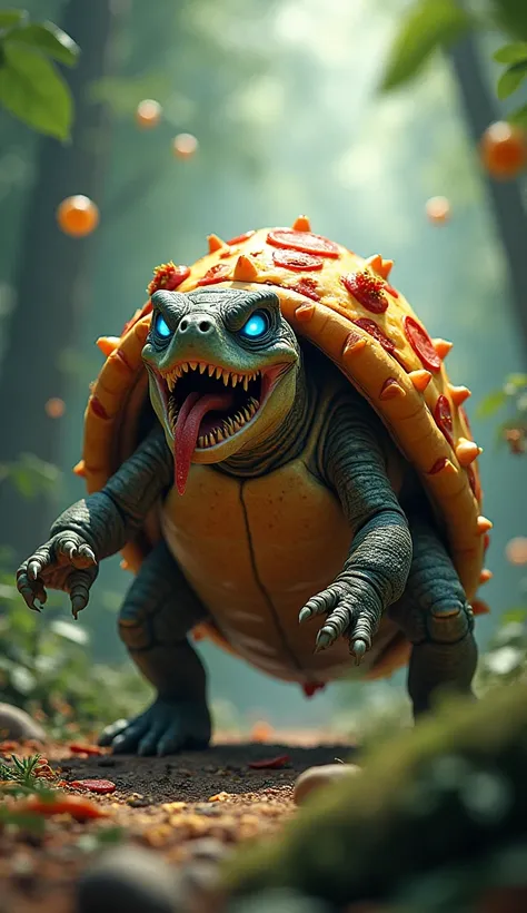 Create a highly detailed and fantastical image of a creature that is a hybrid between a turtle and a pizza. The creature should have the body and limbs of a turtle, with a shell that resembles a pizza. The pizza shell should be topped with pepperoni slices...