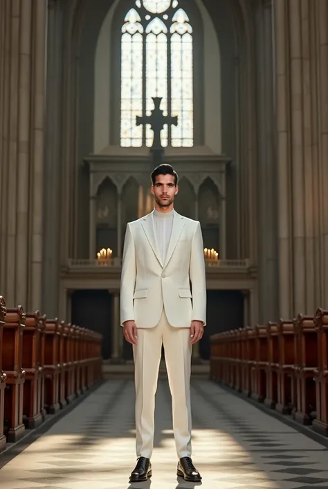  The camera focuses on me from the front . Im dressed in a white suit in a cathedral. 