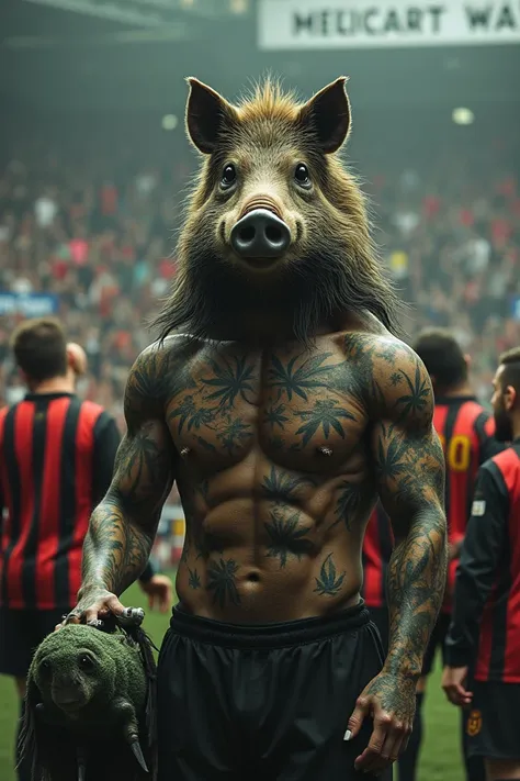 Create the image of a creepy boar with a human body and several marijuana tattoos on the body holding the head of a vulture inside a soccer stadium with several people wearing a horizontal striped t-shirt with the colors black and red and next to it was a ...