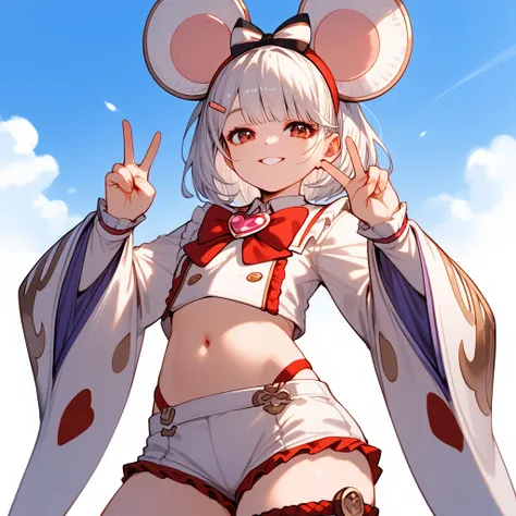 Masterpiece, anime, 1girl, 1bikkygbf, white hair, fake animal ears, mouse ears, hair bow, hairband, bikdefclothes, hairclip, white shirt, heart brooch, long sleeves, wide sleeves, midriff, frills, navel, thigh strap, hands up, peace signs, portrait, face c...