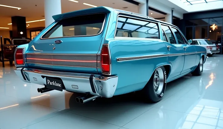 Close back view of painted Offfblue with shiny clour 1970 Ford Parklane Wagon sleek in large shape sedan in large size with  Ford  logo on its large detailed grille in shiny white clour with angular sporty design captured from close back view with modified...