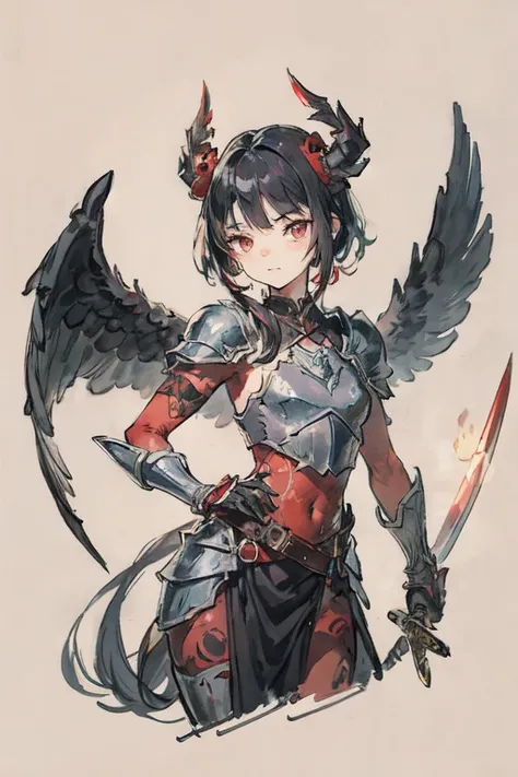 An anime girl ,red skulls
With small sized black wings ,
holding a long-bladed sword, 
armor