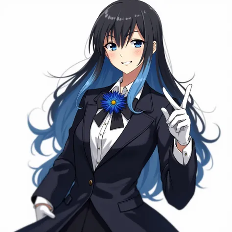  realistic anime style, That there are shadows .  Woman with long black hair with partially 5 % blue fur. Woman in mens suit . suit of clothes. elegant.  Hands with white gloves . blue flower ( the blue flower is shaped like a normal red flower , But blue ...