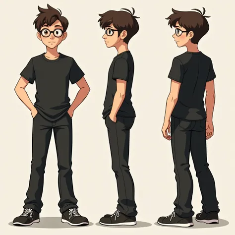 a model sheet of a young male character wearing glasses, brown hair,Black t-shirt and black pants