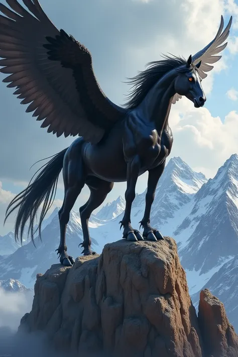 Create the image of a horse with wings and the head of a hawk with eagle feet painted black on top of a mountain and with its eyes