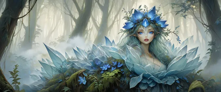 A forest nymph made from dense fog, surrounded by mist and lush vegetation. Large thick lips. Huge Crystal blue eyes. In the style of Brian Froud
