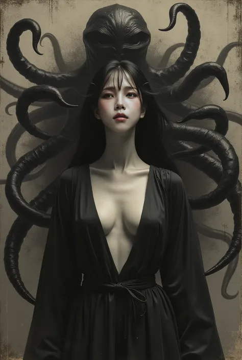 1920s, Whore, Black and white photos, Horror Atmosphere, Cthulhu, Tentacles, Mythic Creature Backgrounds, 60s horror movie poster,  Half and half, European, adult magazine model pose,  traditional Korean attire, low resolution, realistic rendition, seducti...