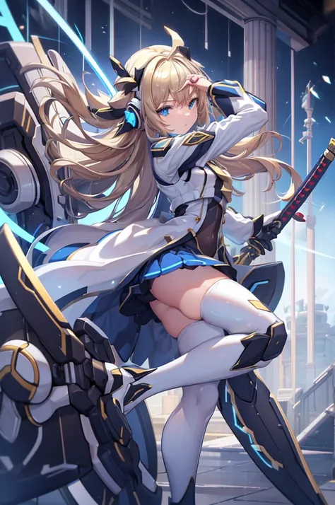 mecha wing、Thighs、tights、chest、 shiny blond hair、 1 girl、 solo girl 、 headset 、mecha girl、White clothes、 light blue mini skirt 、 has a sword、sword、 has a shield、shield、priestess