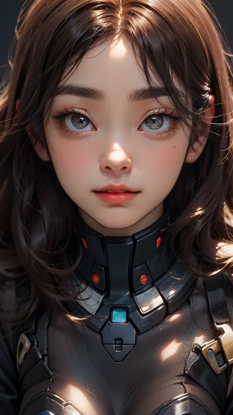 a cyborgwoman,solo,masterpiece,best quality,highres,Extreme detaildelicate face, Extreme detaildelicate eyes,(face alignment),fair complexion,Exquisite hairstyle,light-colored lips,A charming smile.Strong sense of detail and layer,rich and gorgeous color,w...