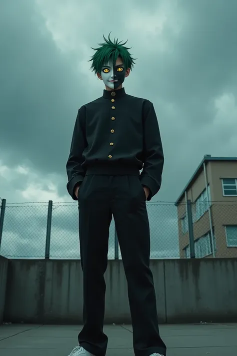 Very realistic,Japanese male, 20 years old,Very short hair that is green and looks spiky standing up,Black alma mater with Stand collar,Gold buttons, black formal trousers,White sports shoes,(Having facial skin that is Divided by the center line half white...