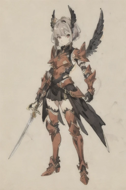 An anime girl ,red skulls
With small sized black wings ,
holding a long-bladed sword,full body ,full armor
Full pose
