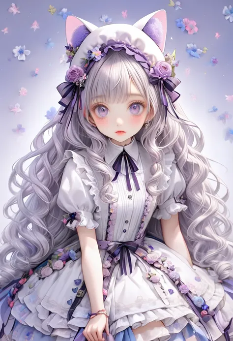 1 cute girl with cat ear and cat tail, ligne claire, contour deepening beautiful detailed glow, by famous artist,  head tilt, long white hair, curly hair, Air bangs, Grey hair, beautiful detailed hair, Beautiful face, ^ ^, lovely big eyes, flat chest, zett...