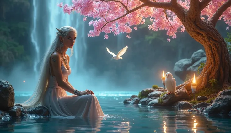 A cinematic, hyperrealistic scene framed in a medium shot: Galadriel, the elven queen from The Lord of the Rings, sits gracefully in the foreground, her feet immersed in a calm, mirror-like pool. Her long silver hair, streaked with copper highlights, casca...