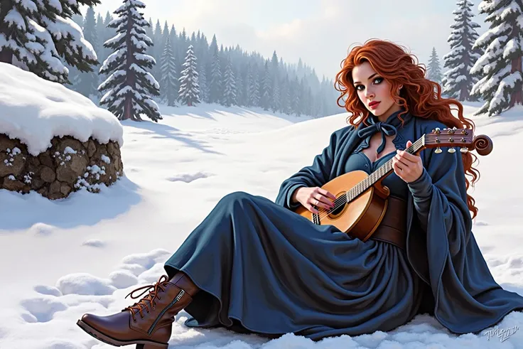 A woman playing a mandolin, sitting in the snow. She has reddish brown ginger curly hair. with smoky eye makeup. Shes wearing a blue dress, with a dark blue long coat, a leather corset. She also has laced up boots. Dnd art style, digital oil painting art s...