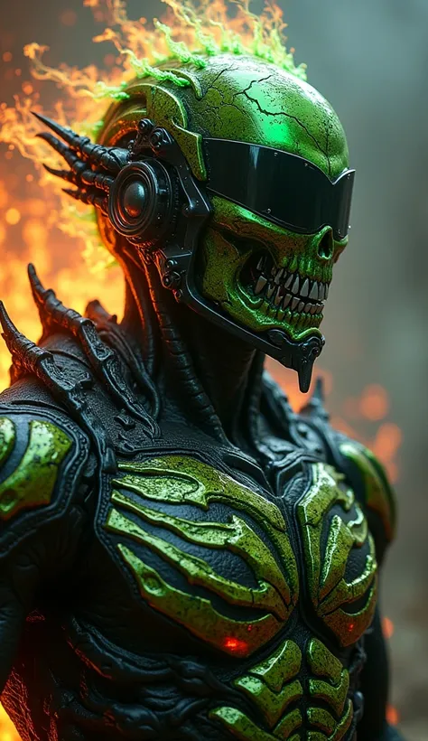  Imagine a creature that defies the laws of nature ,  an explosive fusion between the Ghost Rider ,  Spawn and the racing world .  The base is the body of a motorcycle rider , muscular and agile,  but with distorted and almost demonic facial features .  Th...