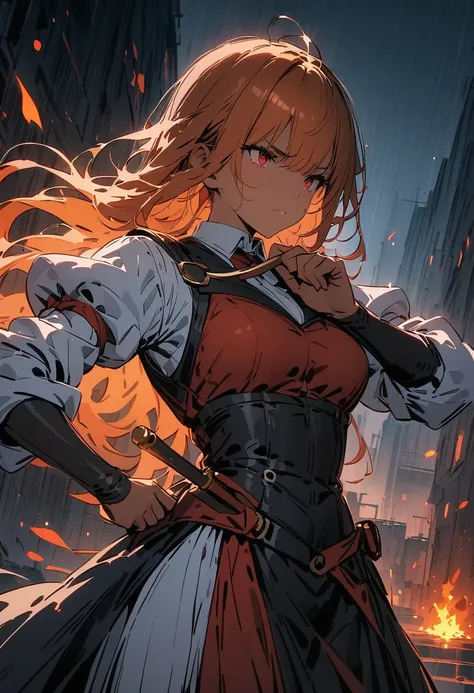 (masterpiece),(best quality),(ultra-detailed),(best illustration),(best shadow),(absurdres),(detailed background) 1 girl, orange hair, long hair, red eyes, dark skin, Dressed as a duelist, wielding a rapier in on hadn, doing a fencers pose (on guard), side...