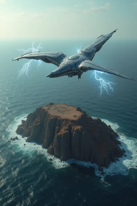 An electric bird without eyes flying over an island of rock and iron ores in the middle of the ocean